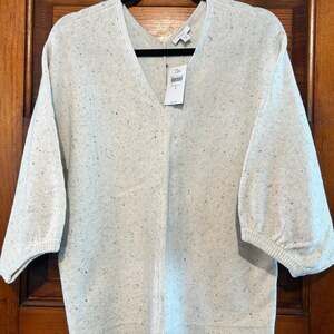 J. Jill Pure Jill Double-V Neck Tweed Knit Sweater in Cream Multi